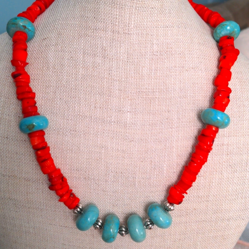 Turquoise+ red coral necklace. Genuine gemstones  New Handcrafted  21+" long